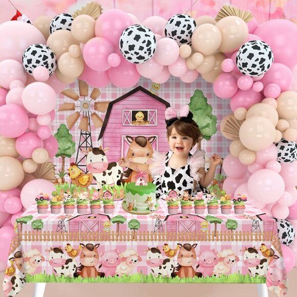 Girls Baby Shower or Girls Birthday Decoration Set - Pink Farm Animals - Picture 1 of 5